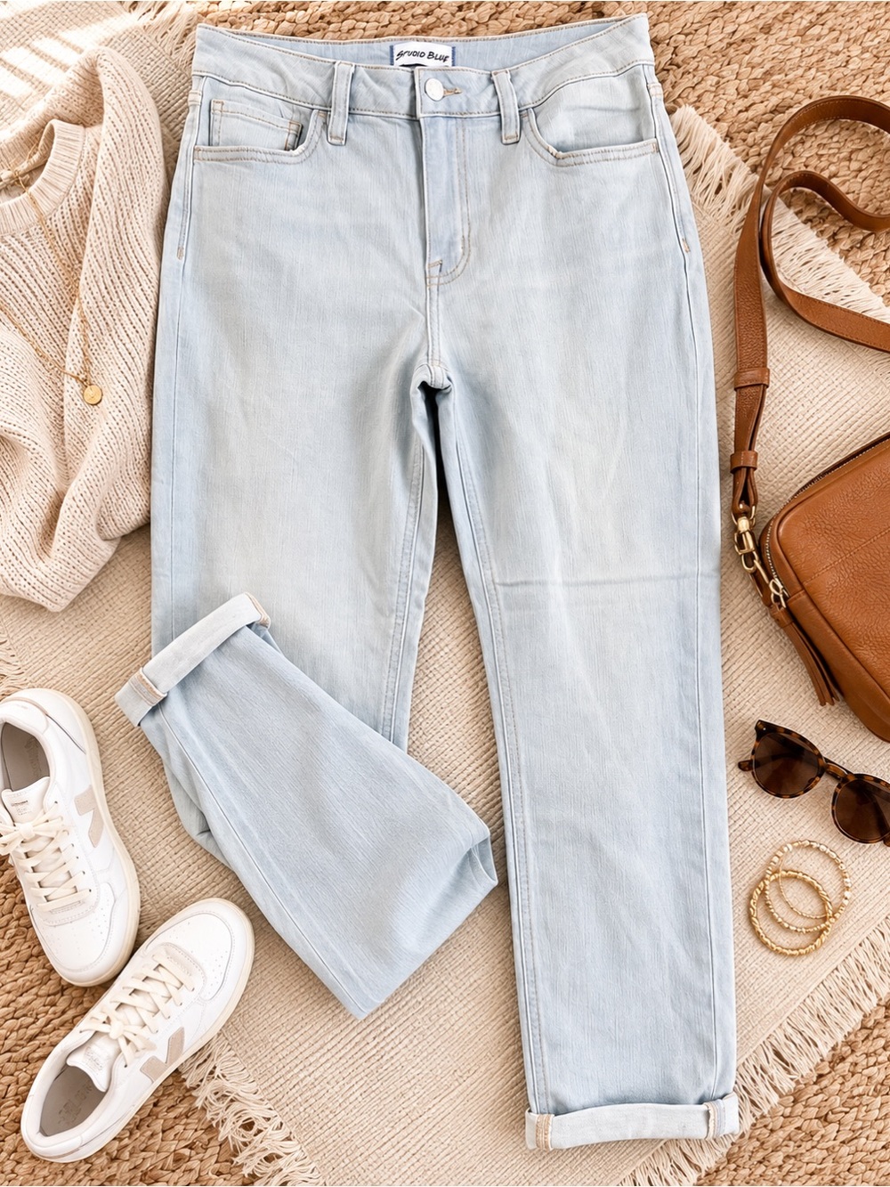 Studio Blue Light Wash Boyfriend Jeans Size 28 Cuffed Stretch Denim NWOT
